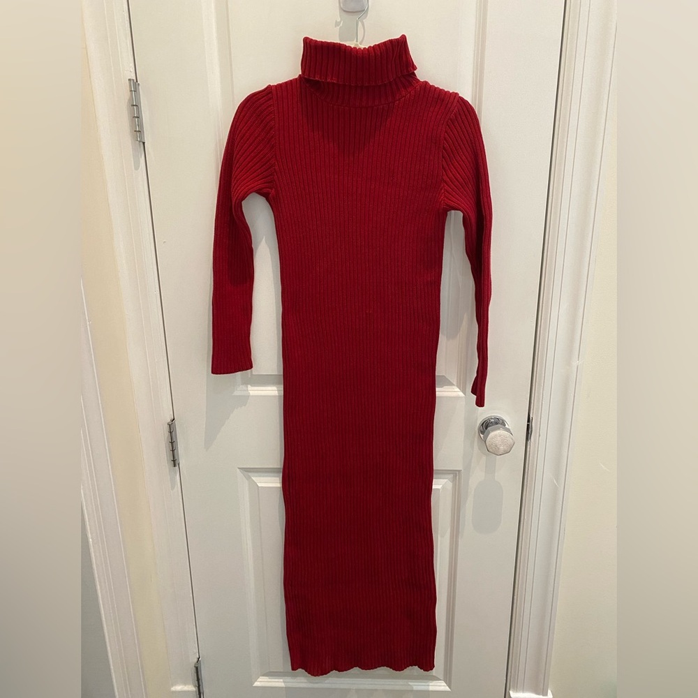 100% Cotton Red Ribbed Turtleneck Dress